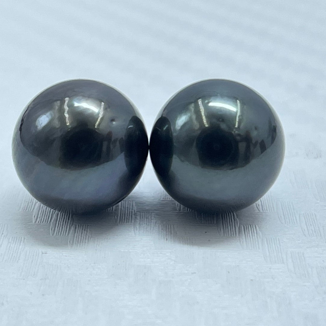 10.5 MM Size | Black | Round Shape | Natural Tahitian Pearl Pair | Good Luster | Saltwater Pearl |