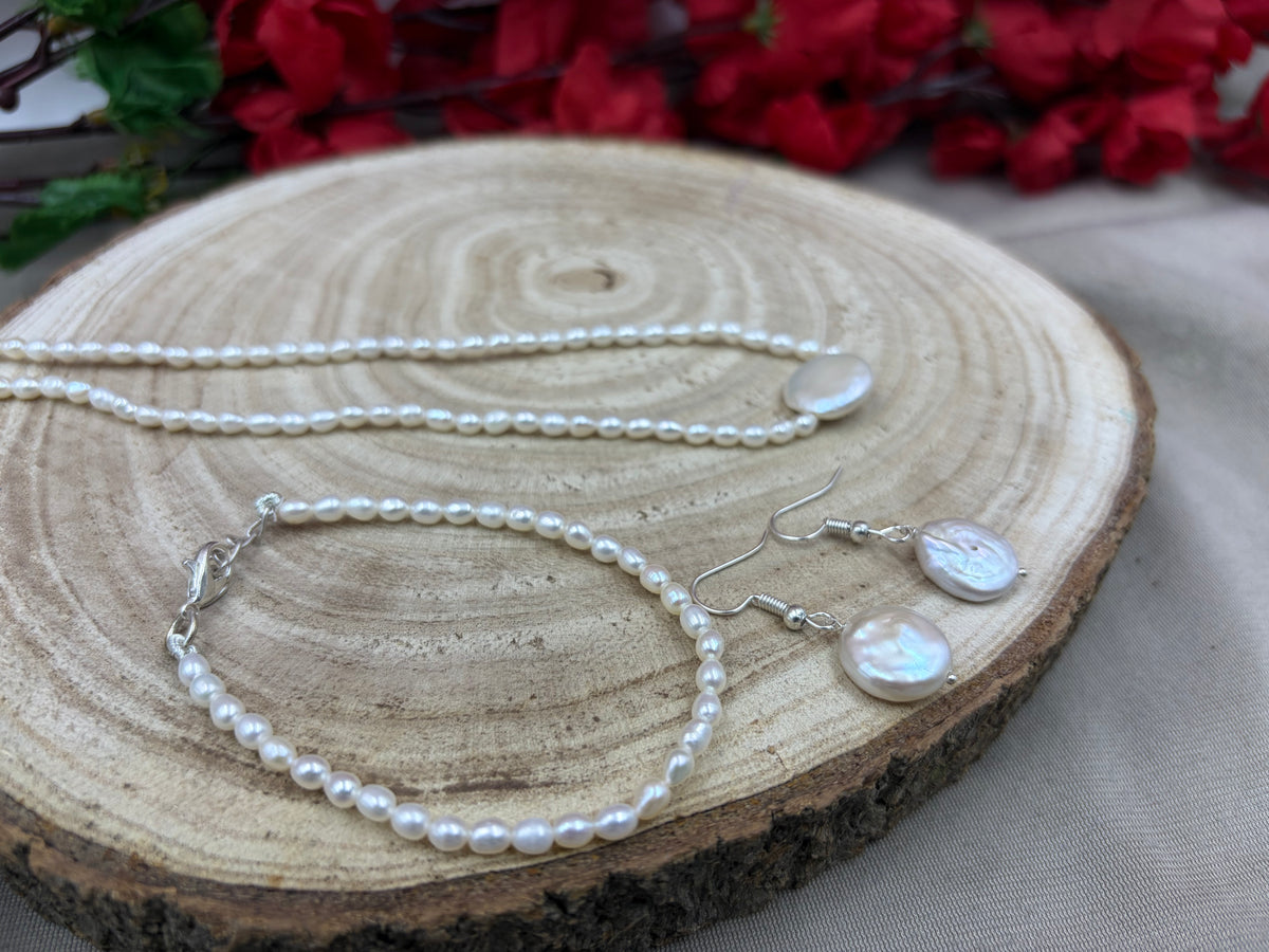 Freshwater Pearl Necklace, Bracelet & Earrings Jewelry Set