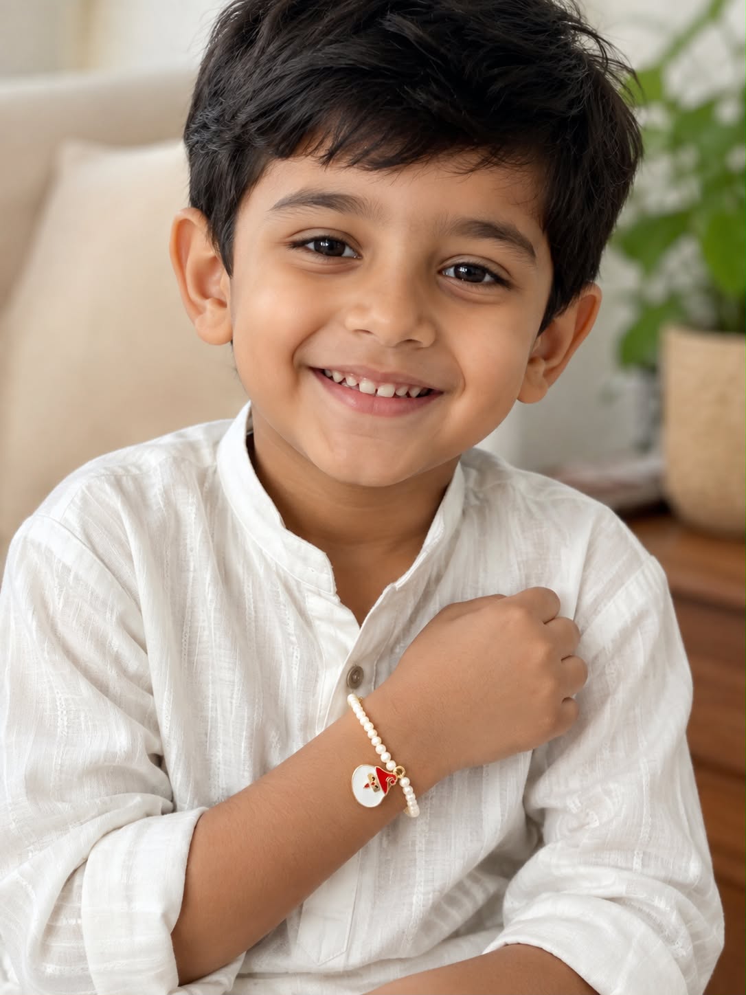 Handmade Kids Pearl Rakhi | Freshwater Pearl Bracelet | Adjustable Children's Rakhi with Extension Chain