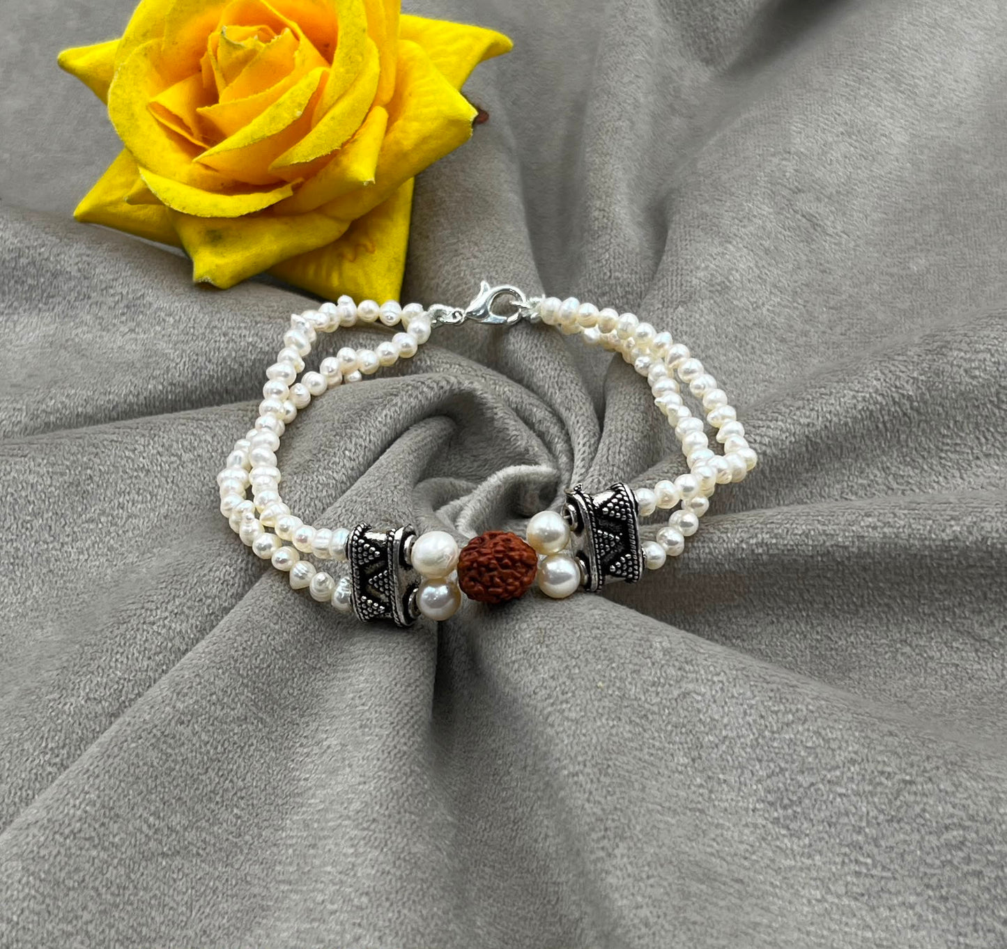 Freshwater Pearl And Rudraksh Rakhi Bracelet | Handmade Pearl Rakhi for Brother | Elegant Raksha Bandhan Gift | Brass Lock