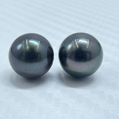 10.5 MM Size | Black | Round Shape | Natural Tahitian Pearl Pair | Good Luster | Saltwater Pearl