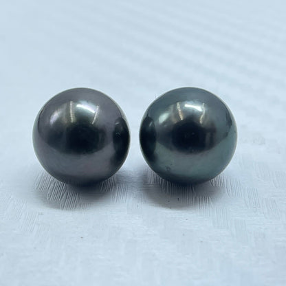 9.80 MM Size | Black | Round Shape | Natural Tahitian Pearl Pair | Good Luster | Saltwater Pearl |