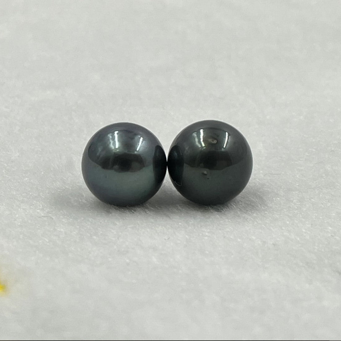 9.80 MM Size | Black | Round Shape | Natural Tahitian Pearl Pair | Good Luster | Saltwater Pearl |