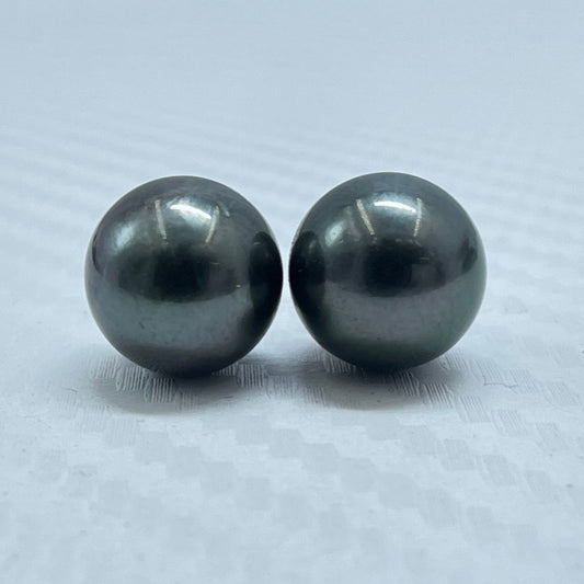 10.5 MM Size | Black | Round Shape | Natural Tahitian Pearl Pair | Good Luster | Saltwater Pearl |