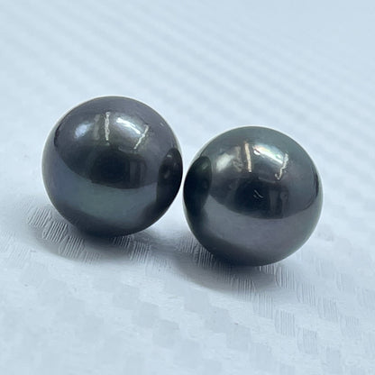 10.5 MM Size | Black | Round Shape | Natural Tahitian Pearl Pair | Good Luster | Saltwater Pearl