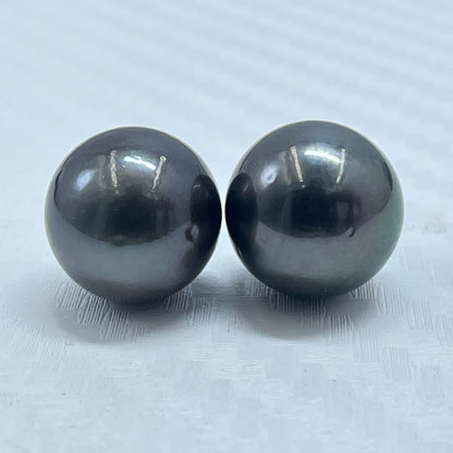 10.5 MM Size | Black | Round Shape | Natural Tahitian Pearl Pair | Good Luster | Saltwater Pearl