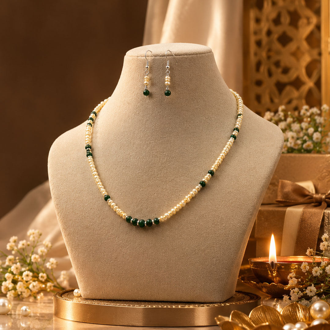 Freshwater Pearl Line Necklace and Earring Set with Emerald Touch