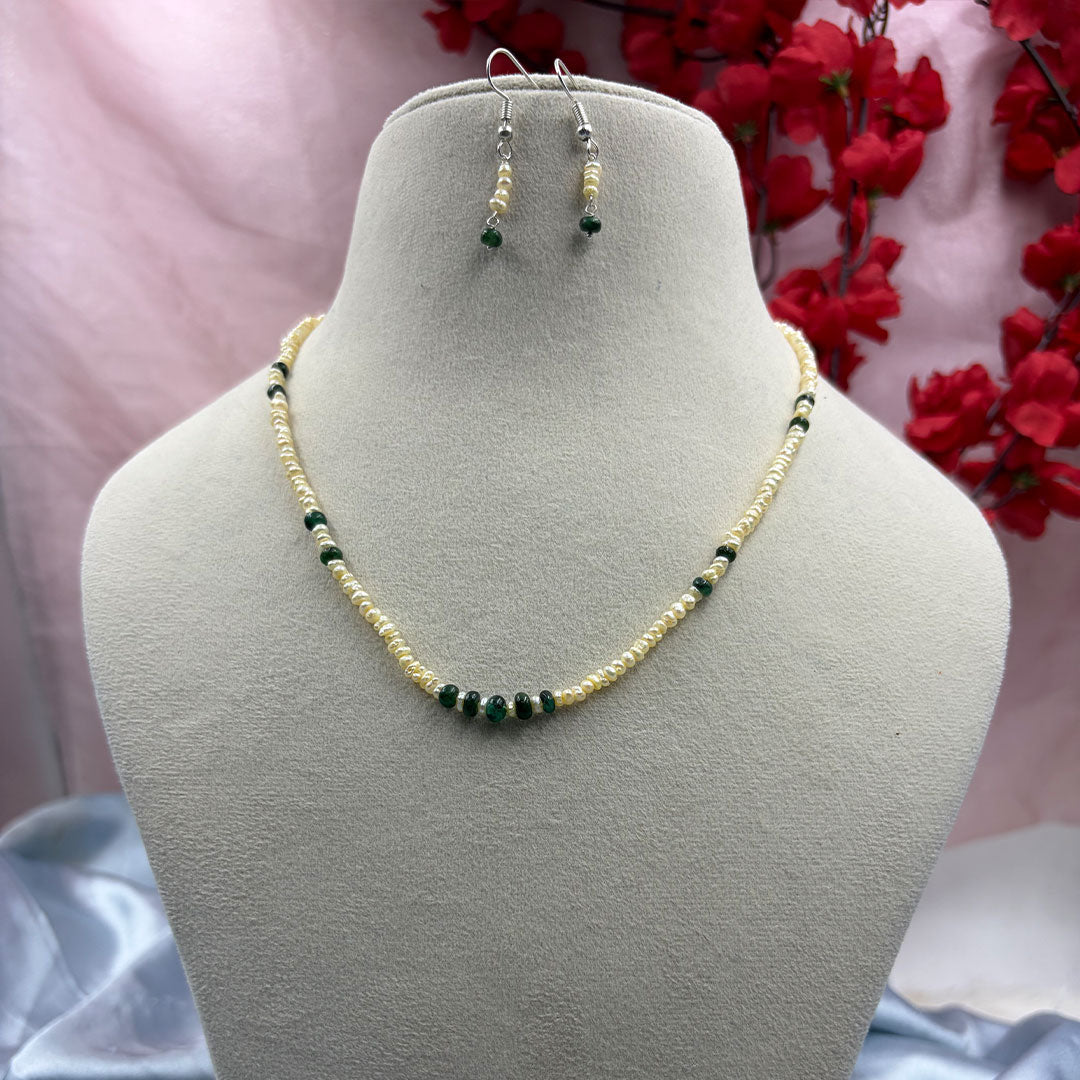 Freshwater Pearl Line Necklace and Earring Set with Emerald Touch