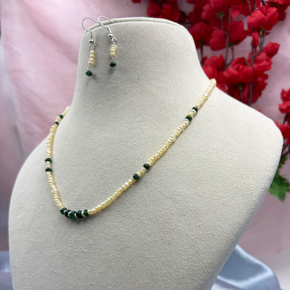 Freshwater Pearl Line Necklace and Earring Set with Emerald Touch