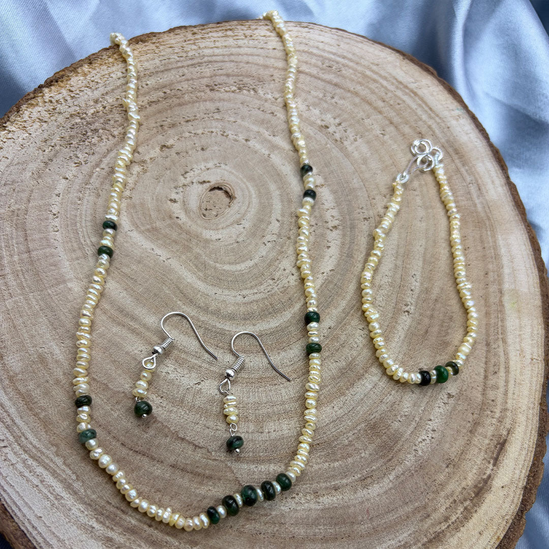 Freshwater Pearl Line Necklace and Earring Set with Emerald Touch