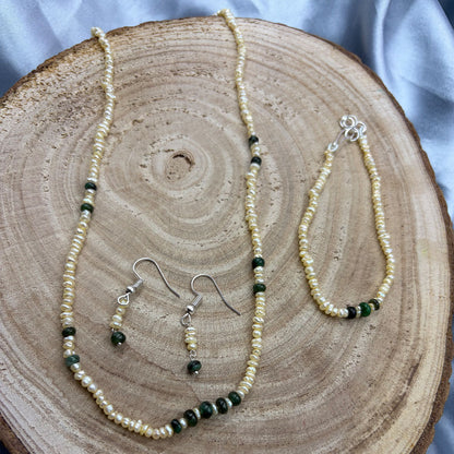 Freshwater Pearl Line Necklace and Earring Set with Emerald Touch