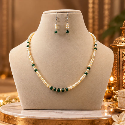 Freshwater Pearl Line Necklace and Earring Set with Emerald Touch