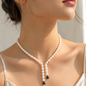 Freshwater Pearl Y Necklace | Pearl Lariat Necklace with Black Pearl Drops | Elegant Handmade Pearl Jewelry | Statement Necklace for Women | Gift for Her