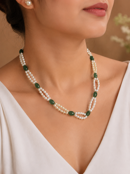 Natural Freshwater Pearl Necklace with imitation stone and pearl studs  | Handmade Elegant Pearl Jewelry | Brass Lock