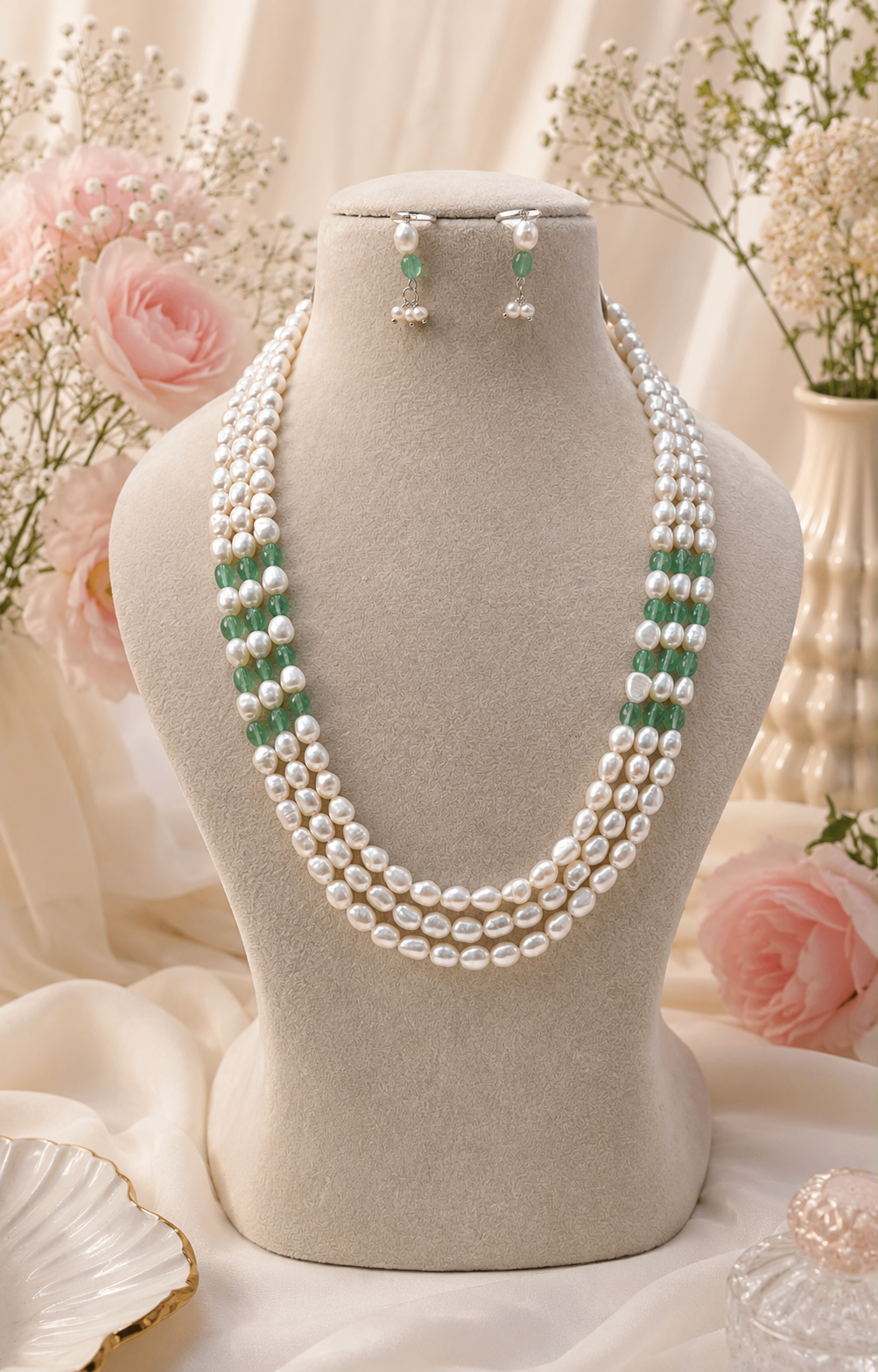 Natural Freshwater Pearl Necklace with imitation stone and pearl studs | Handmade Elegant Pearl Jewelry | Brass Lock