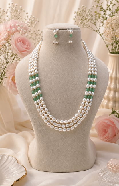Natural Freshwater Pearl Necklace with imitation stone and pearl studs | Handmade Elegant Pearl Jewelry | Brass Lock
