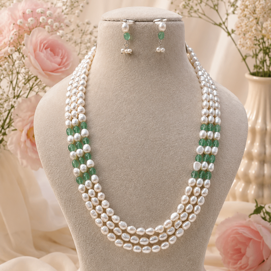 Natural Freshwater Pearl Necklace with imitation stone and pearl studs | Handmade Elegant Pearl Jewelry | Brass Lock