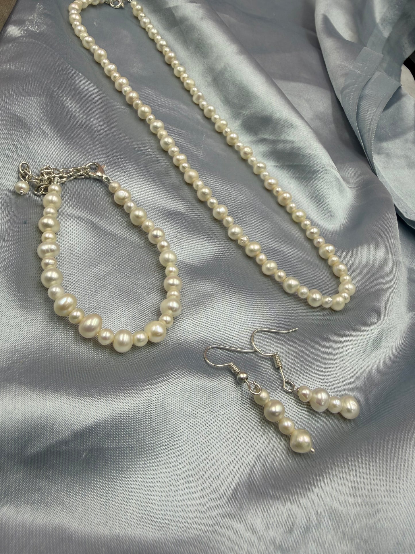 Natural Freshwater Pearl Necklace with pearl bracelet  and pearl earring | Handmade Elegant Pearl Jewelry | Brass Lock
