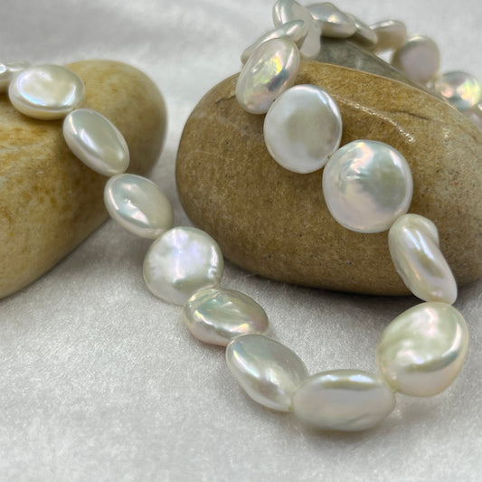 Freshwater Pearl, Cream Color, Coin Shape, 13-15 MM Size