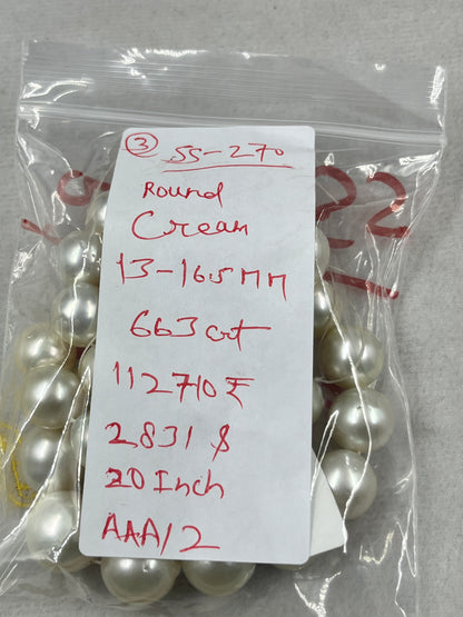 South Sea Pearl Cream Color, Round Shape, AAA/2 Luster Pearl, 13-16.5 MM Size