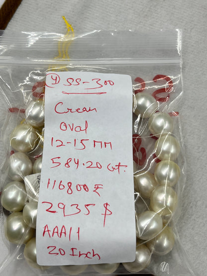 South Sea Pearl Cream Color, Oval Shape, AAA/1 Luster Pearl, 12-15 MM Size