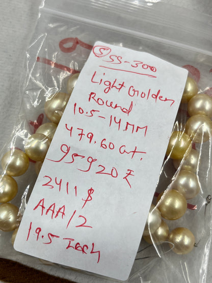 South Sea Pearl Light Golden Color, Round Shape, AAA/2 Luster Pearl, 10.5-14 MM Size