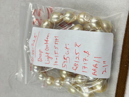 South Sea Pearl Light Golden Color, Drop Shape, AAA/1 Luster Pearl, 10-15.5 MM Size