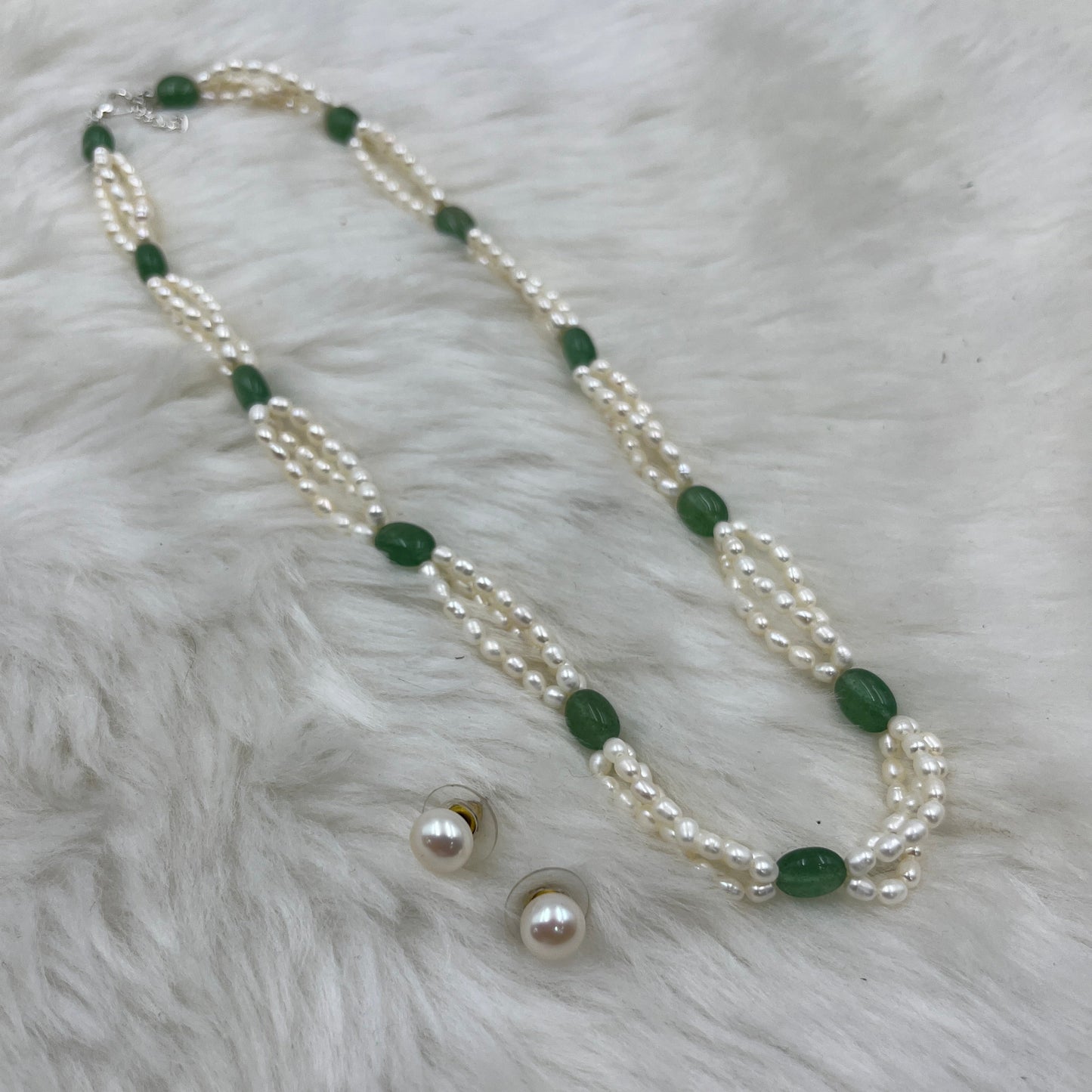 Natural Freshwater Pearl Necklace with imitation stone and pearl studs  | Handmade Elegant Pearl Jewelry | Brass Lock
