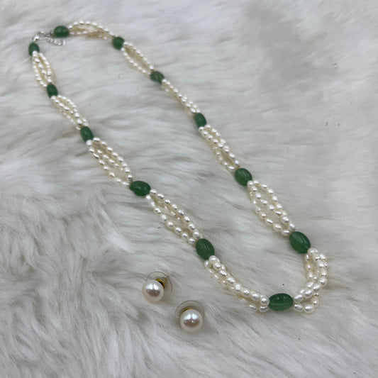 Natural Freshwater Pearl Necklace with imitation stone and pearl studs  | Handmade Elegant Pearl Jewelry | Brass Lock