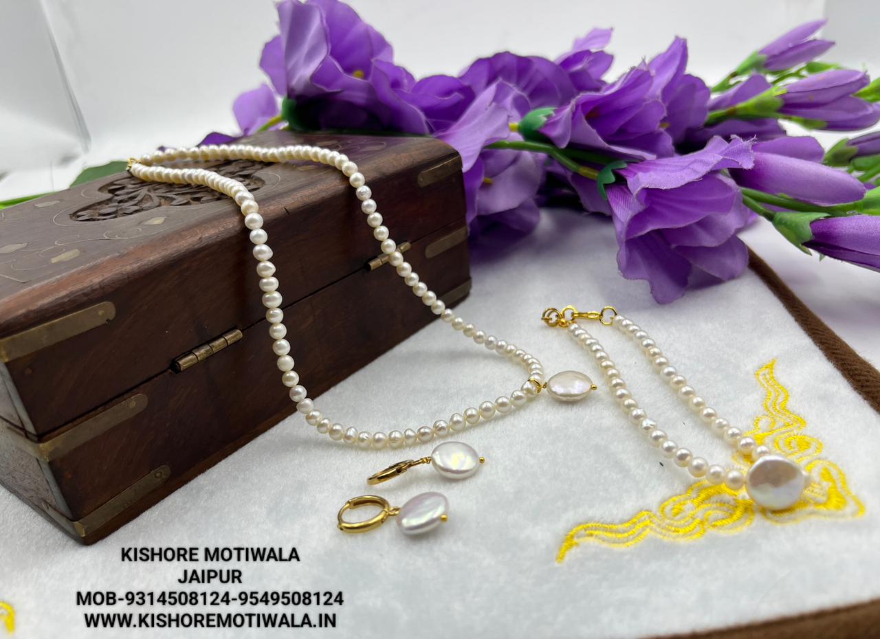Fresh water pearls necklace set with brass earrings / brass  bracelet with brass hook