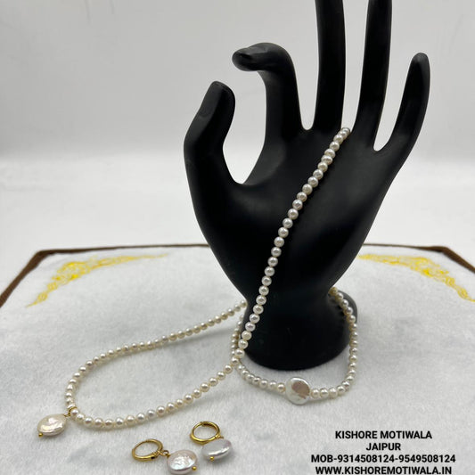 Fresh water pearls necklace set with brass earrings / brass  bracelet with brass hook