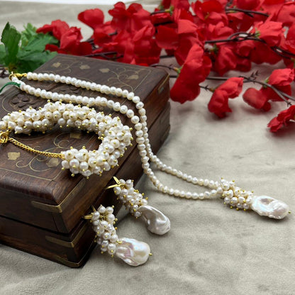 Fresh water pearls necklace set with brass earrings / brass  bracelet with brass hook