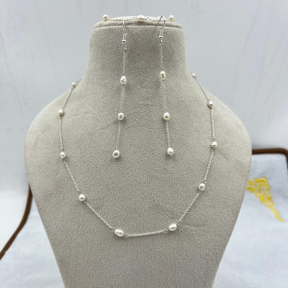 Fresh water pearls necklace set with Brass earrings / brass  bracelet and brass hook