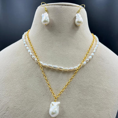 Fresh water Pearls White Necklace with Metal Chain / metal Bracelet and metal earrings