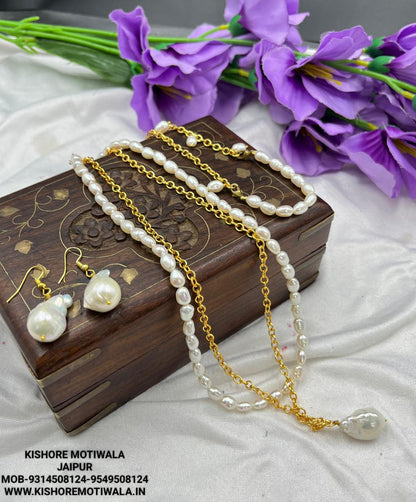 Fresh water Pearls White Necklace with Metal Chain / metal Bracelet and metal earrings