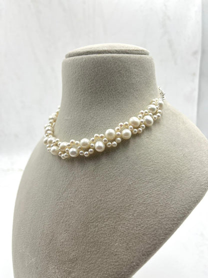 Fresh water pearl necklace with brass bracelet and brass earrings