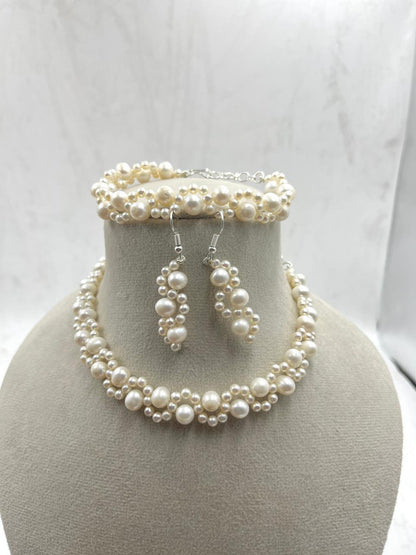 Fresh water pearl necklace with brass bracelet and brass earrings