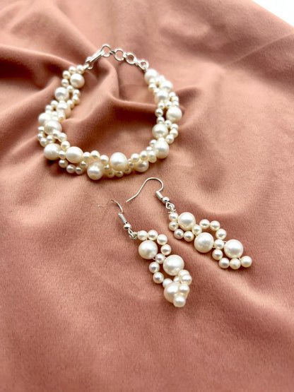 Fresh water pearl necklace with brass bracelet and brass earrings