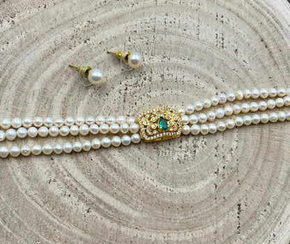 Natural Freshwater Pearls Choker with imitation stone  and pearl studs | Handmade Elegant Pearl Jewelry | Brass Lock