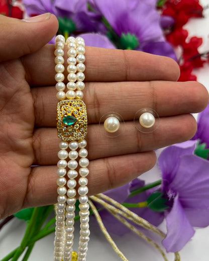 Natural Freshwater Pearls Choker with imitation stone  and pearl studs | Handmade Elegant Pearl Jewelry | Brass Lock