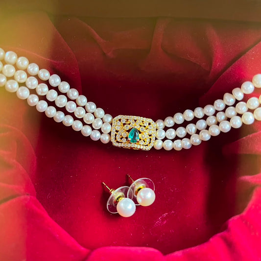 Natural Freshwater Pearls Choker with imitation stone  and pearl studs | Handmade Elegant Pearl Jewelry | Brass Lock