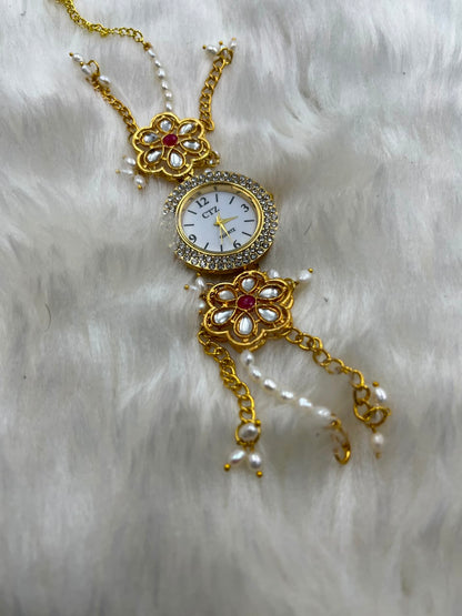 Natural Freshwater Pearl Watch with imitation stone  | Handmade Elegant Pearl Jewelry | Brass Lock