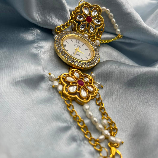 Natural Freshwater Pearl Watch with imitation stone  | Handmade Elegant Pearl Jewelry | Brass Lock