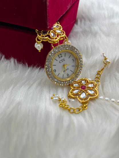 Natural Freshwater Pearl Watch with imitation stone  | Handmade Elegant Pearl Jewelry | Brass Lock