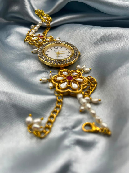 Natural Freshwater Pearl Watch with imitation stone  | Handmade Elegant Pearl Jewelry | Brass Lock