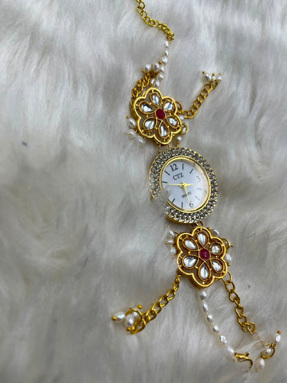 Natural Freshwater Pearl Watch with imitation stone  | Handmade Elegant Pearl Jewelry | Brass Lock