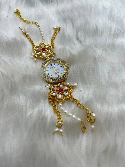 Natural Freshwater Pearl Watch with imitation stone  | Handmade Elegant Pearl Jewelry | Brass Lock
