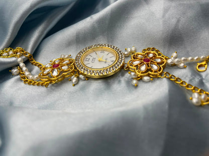 Natural Freshwater Pearl Watch with imitation stone  | Handmade Elegant Pearl Jewelry | Brass Lock