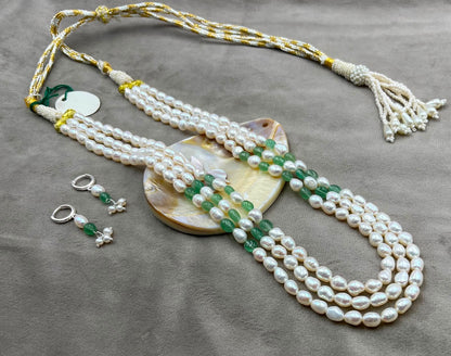 Natural Freshwater Pearl Necklace with imitation stone and pearl studs | Handmade Elegant Pearl Jewelry | Brass Lock