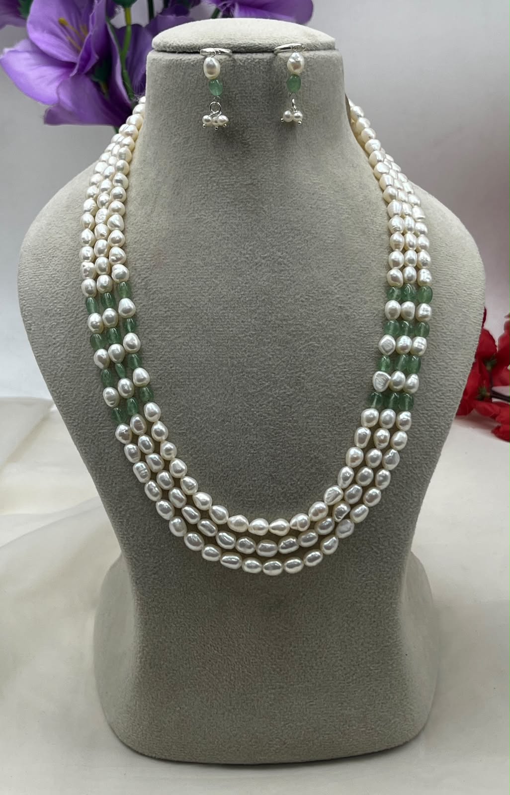 Natural Freshwater Pearl Necklace with imitation stone and pearl studs | Handmade Elegant Pearl Jewelry | Brass Lock